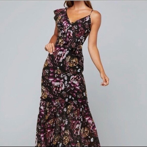 BEBE Splendid Garden Draped Ruffle Maxi Floral Dress Bohemian Romantic 4 # 422 - Picture 1 of 7